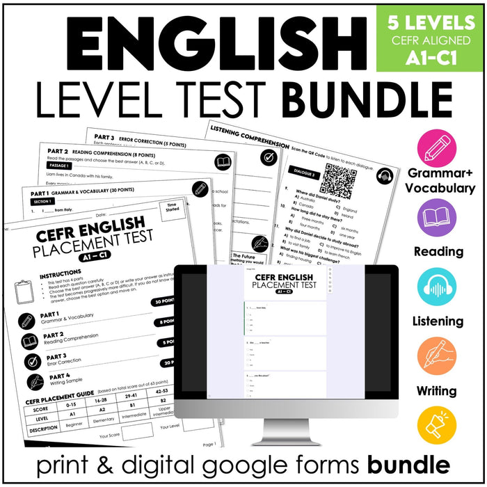 English Level Test Bundle – Print & Digital CEFR Diagnostic Assessment (ESL/ESOL) - Hot Chocolate Teachables