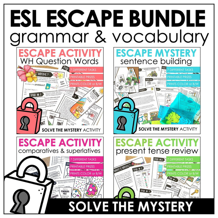Escape Room Bundle ESL - WH Questions, Present Tense Verbs, Sentence Building - Hot Chocolate Teachables