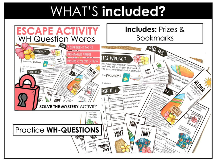 Escape Room Bundle ESL - WH Questions, Present Tense Verbs, Sentence Building - Hot Chocolate Teachables