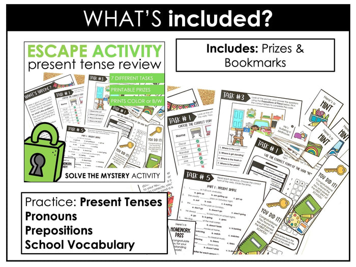 Escape Room Bundle ESL - WH Questions, Present Tense Verbs, Sentence Building - Hot Chocolate Teachables