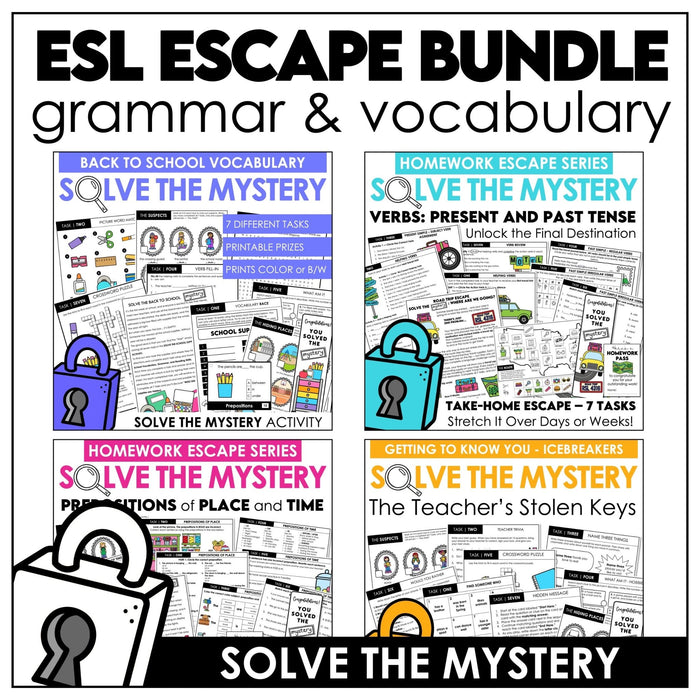 Escape Room Bundle ESL | Verbs - Present & Past , Prepositions & Back To School - Hot Chocolate Teachables