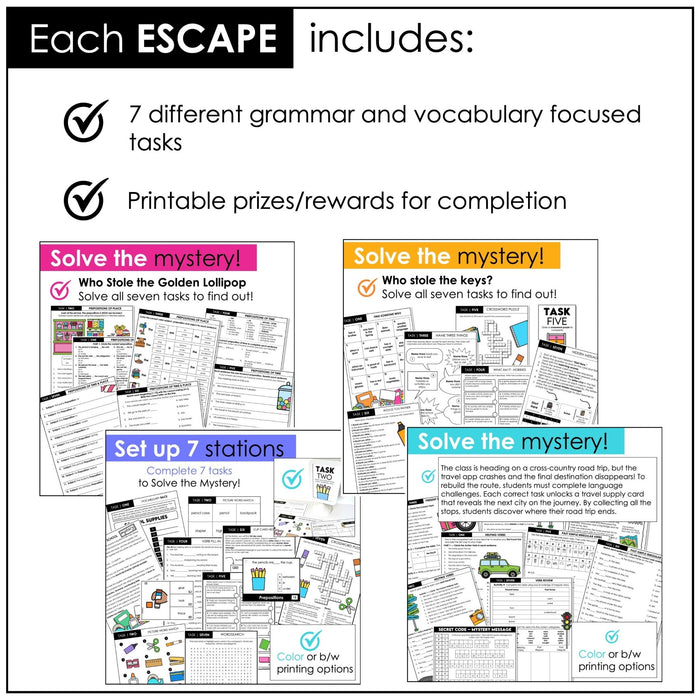 Escape Room Bundle ESL | Verbs - Present & Past , Prepositions & Back To School - Hot Chocolate Teachables
