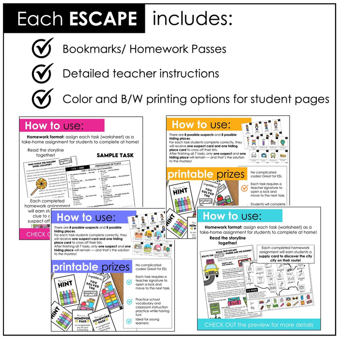 Escape Room Bundle ESL | Verbs - Present & Past , Prepositions & Back To School - Hot Chocolate Teachables