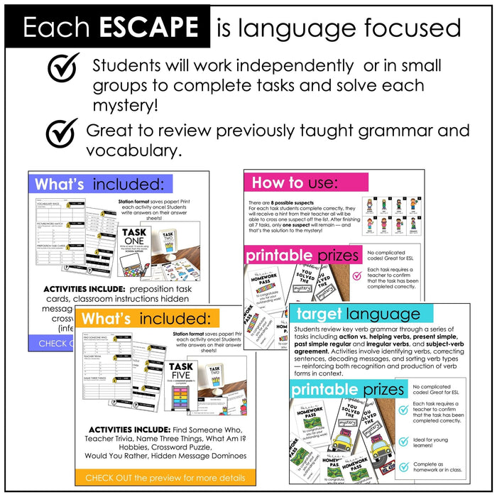 Escape Room Bundle ESL | Verbs - Present & Past , Prepositions & Back To School - Hot Chocolate Teachables