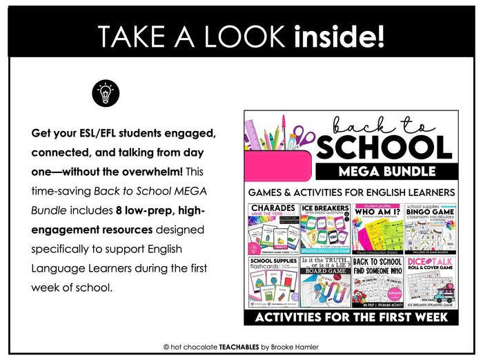 ESL Back to School BUNDLE: First week of School Grammar & Vocabulary Activities - Hot Chocolate Teachables