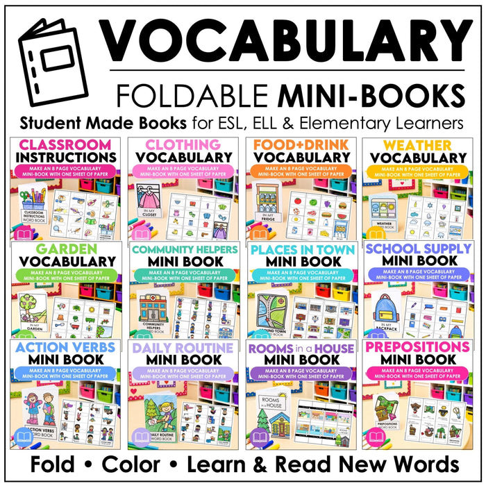 ESL Basic Vocabulary Mini-Books | Seasons, Food, House, Verbs, School, Routine - Hot Chocolate Teachables
