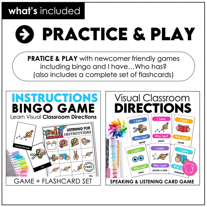 ESL Classroom Instructions Vocabulary Bundle | Word Wall Posters + Games - Hot Chocolate Teachables