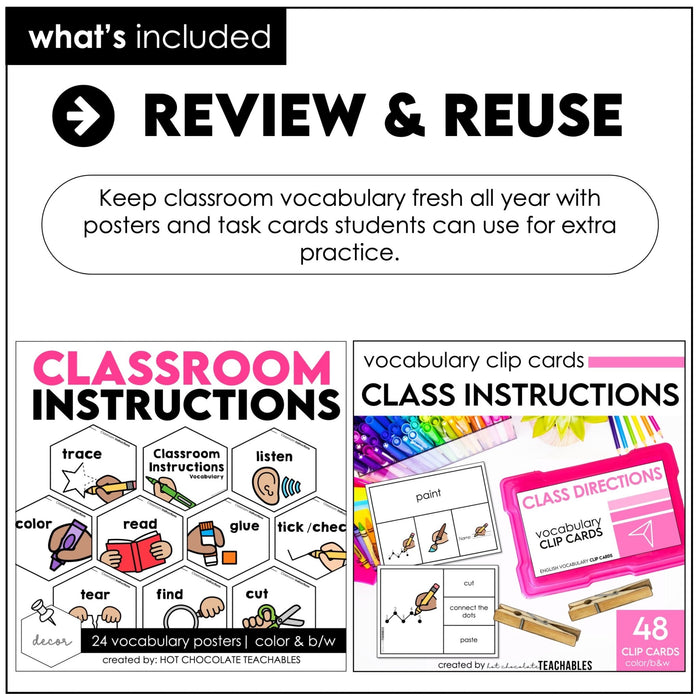 ESL Classroom Instructions Vocabulary Bundle | Word Wall Posters + Games - Hot Chocolate Teachables