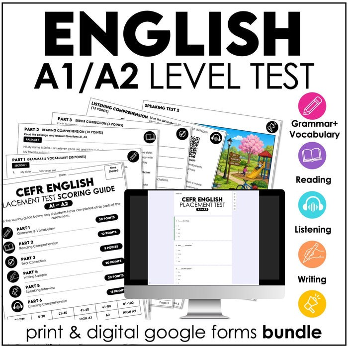 ESL Elementary Level Assessment Test | English CEFR A1 A2 Placement Exam - Hot Chocolate Teachables