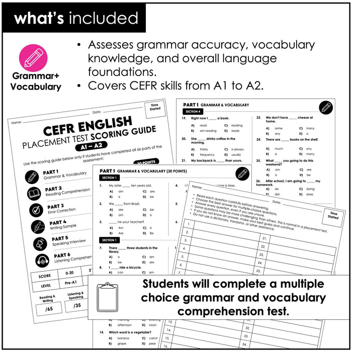 ESL Elementary Level Assessment Test | English CEFR A1 A2 Placement Exam - Hot Chocolate Teachables