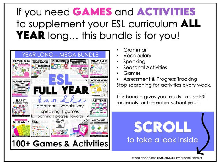 ESL EVERYTHING BUNDLE | 100 Engaging Games & Activities for English Teachers - Hot Chocolate Teachables
