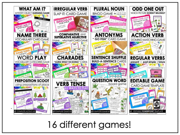 English Games Bundle - Parts of Speech, Verbs, Nouns, Prepositions, Vocabulary - Hot Chocolate Teachables
