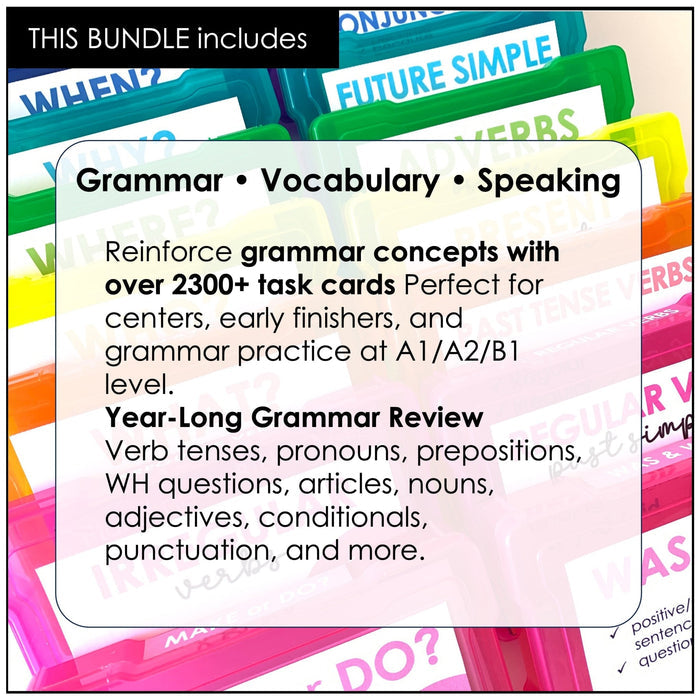 ESL Grammar & Vocabulary Task Cards Bundle – Year-Long ELL Activities - Hot Chocolate Teachables
