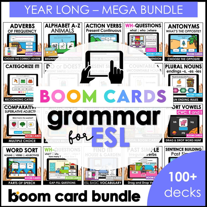 ESL Verbs, Parts of Speech, Literacy, Vocabulary - Boom Card™ Bundle - 100 DECKS - Hot Chocolate Teachables
