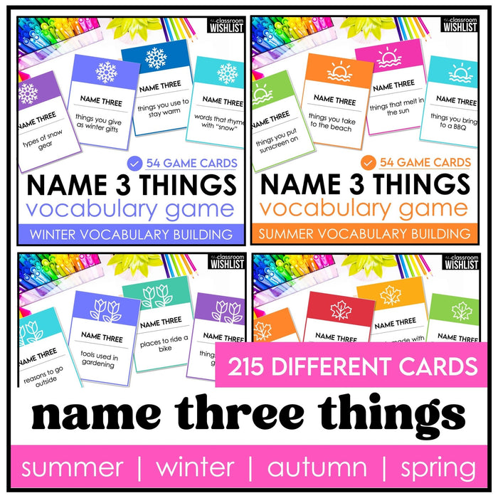 ESL Vocabulary Building Card Games | Name 3 Things | Summer | Spring | Fall | Winter - Hot Chocolate Teachables