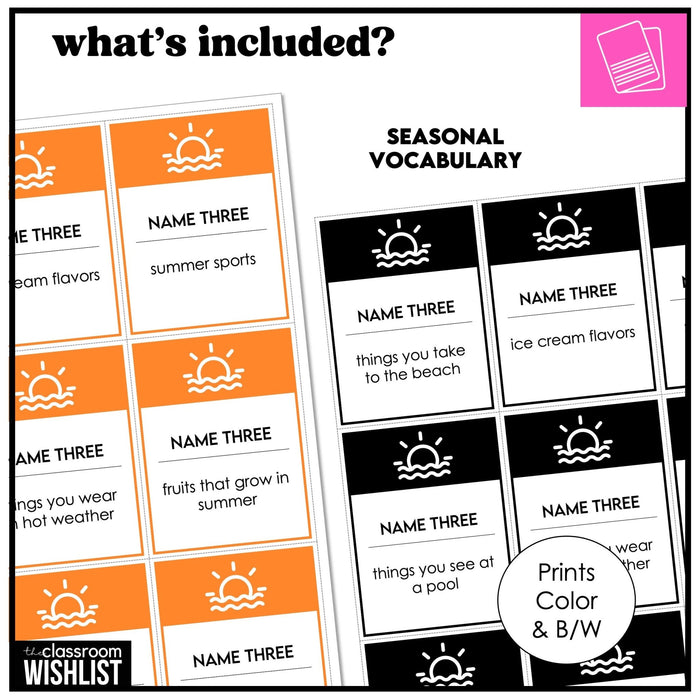 ESL Vocabulary Building Card Games | Name 3 Things | Summer | Spring | Fall | Winter - Hot Chocolate Teachables