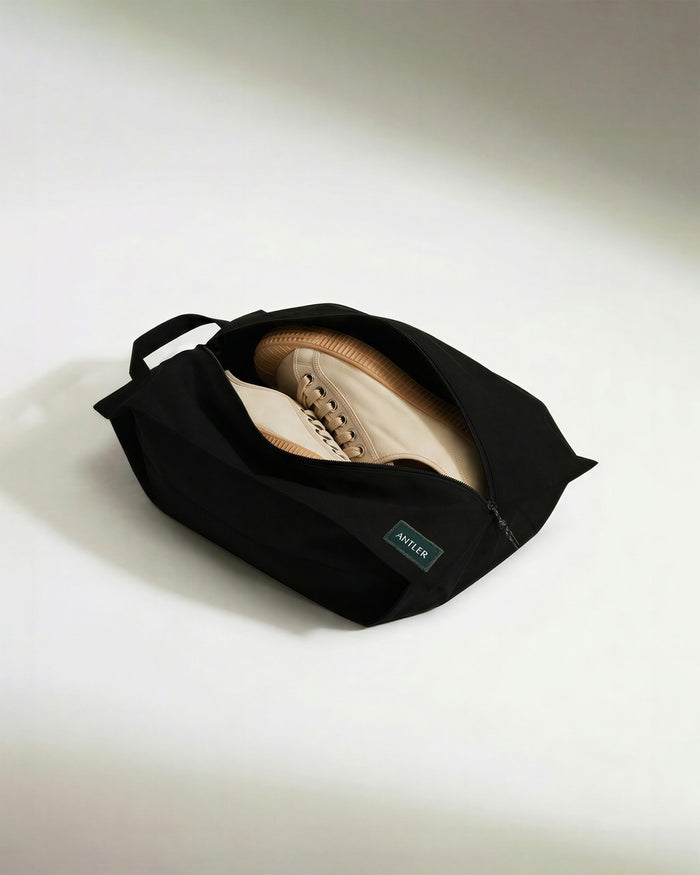 a black bag with a pair of shoes inside
