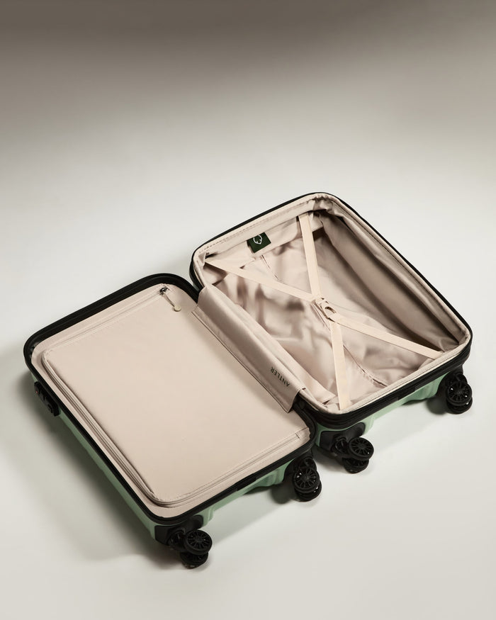 a suitcase with wheels and a lid