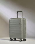 a grey suitcase with wheels