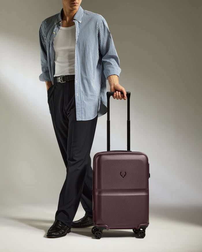 a man standing with a suitcase