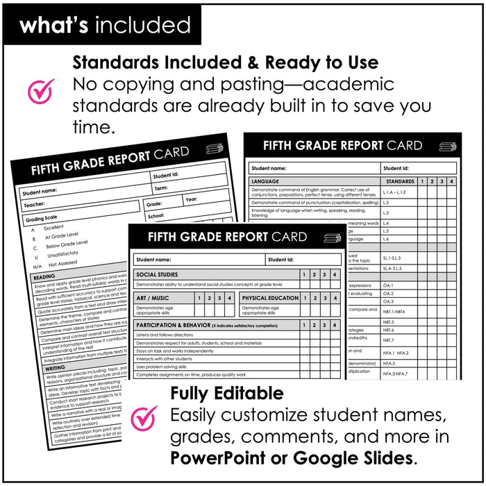 FIFTH Grade Editable Report Card Templates with Common Core Aligned Standards - Hot Chocolate Teachables