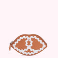 Brown leather lip-shaped coin purse with white stitching detail against a white background.