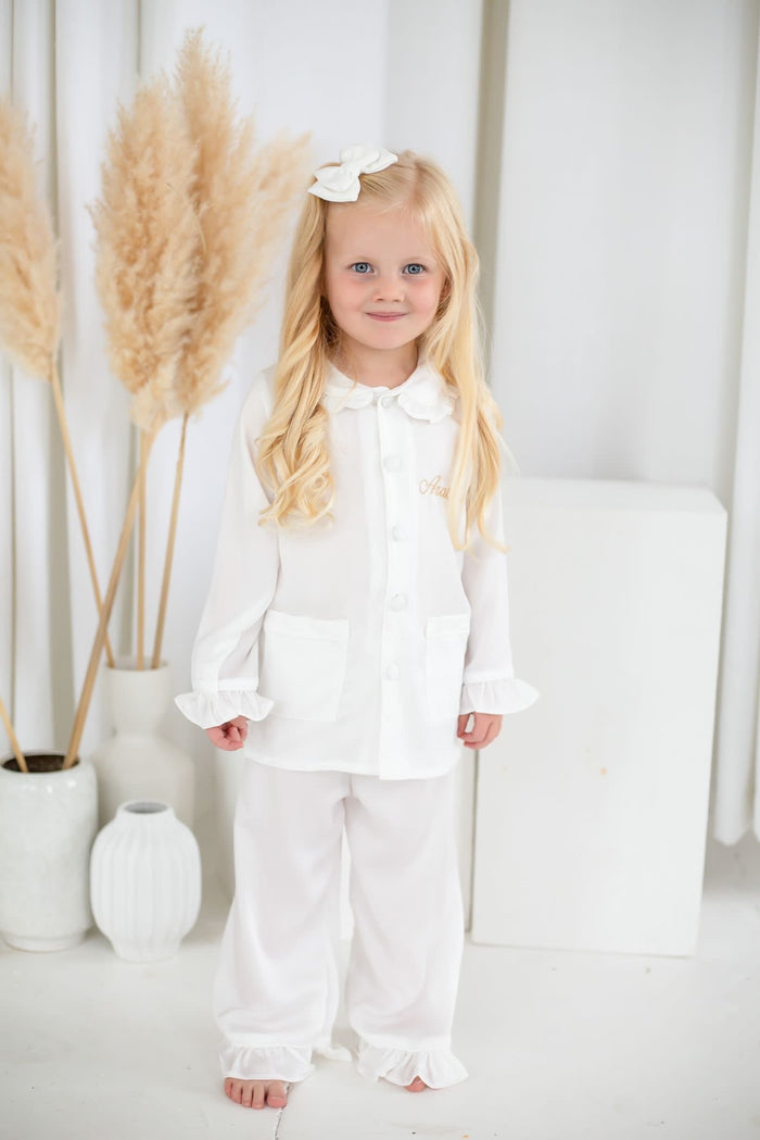 Girls All White Pearl Personalised Pyjamas Long sleeve and Leg