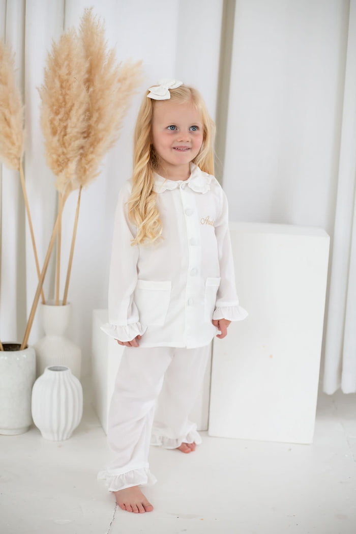 Girls All White Pearl Personalised Pyjamas Long sleeve and Leg