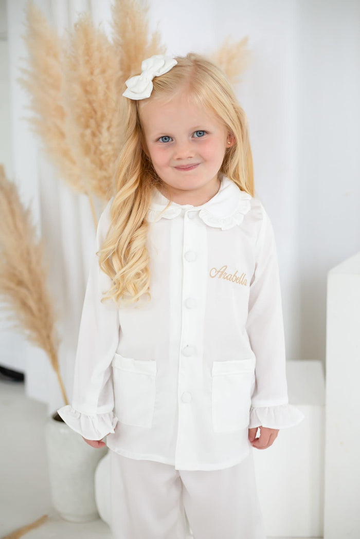 Girls All White Pearl Personalised Pyjamas Long sleeve and Leg
