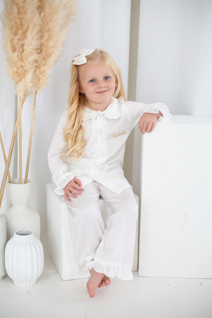 Girls All White Pearl Personalised Pyjamas Long sleeve and Leg