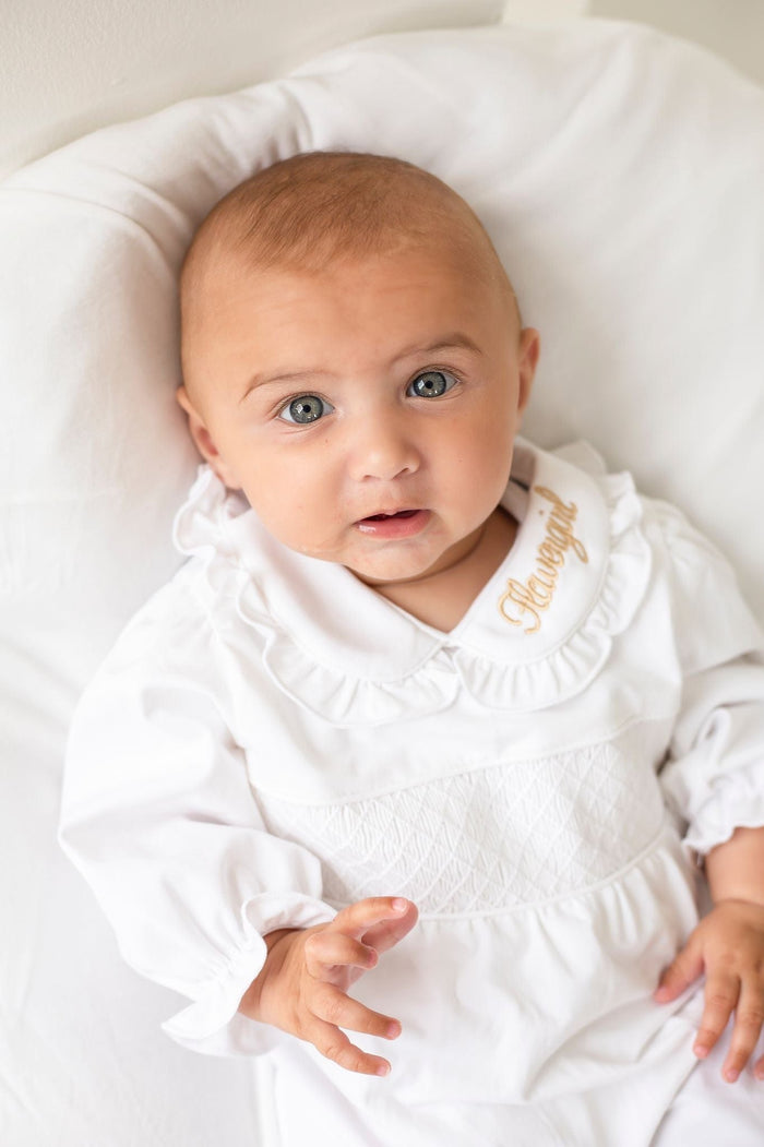 Girls All White Personalised Smocked baby grow