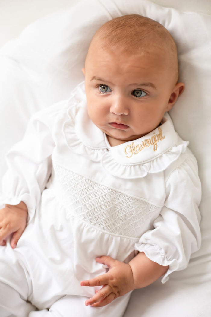 Girls All White Personalised Smocked baby grow