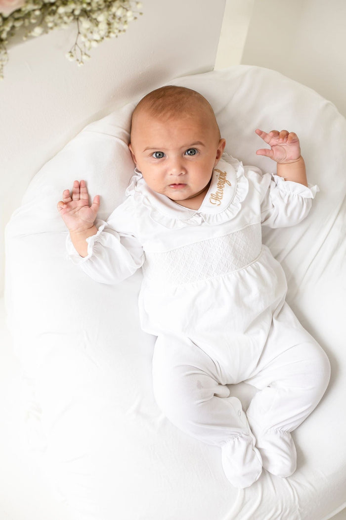 Girls All White Personalised Smocked baby grow
