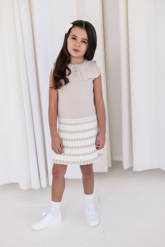 Girls Beige Knitted Stripe Dress