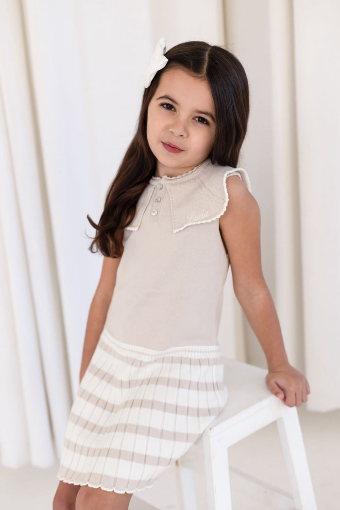 Girls Beige Knitted Stripe Dress