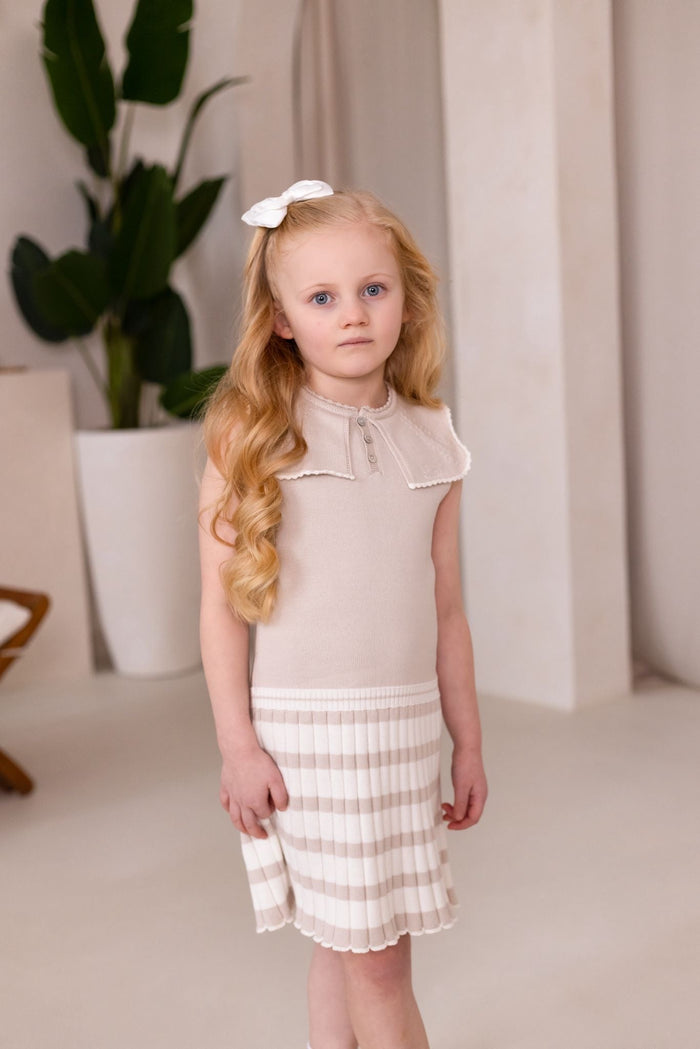 Girls Beige Knitted Stripe Dress