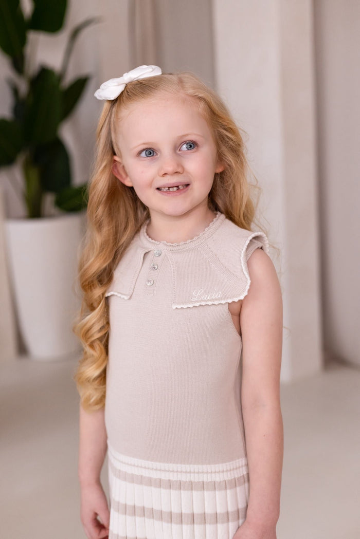 Girls Beige Knitted Stripe Dress