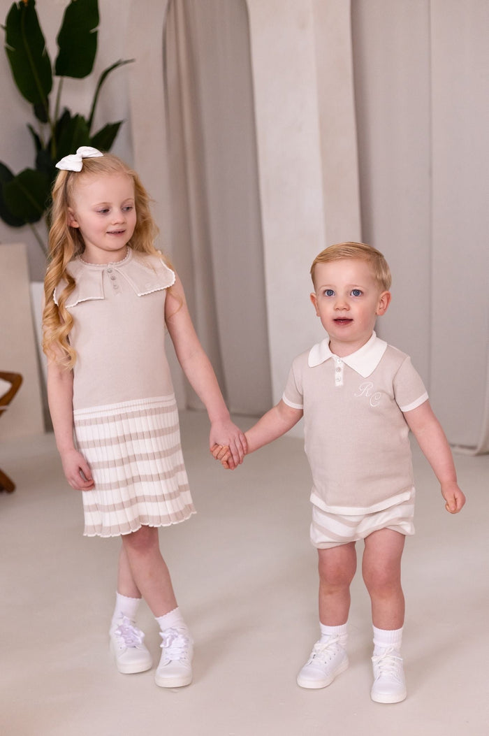 Girls Beige Knitted Stripe Dress