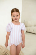 Girls Beige Stripe Puff Sleeve Swimsuit