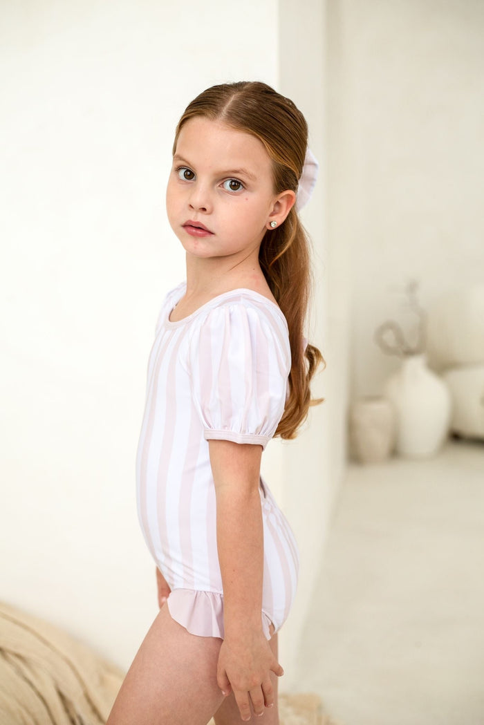 Girls Beige Stripe Puff Sleeve Swimsuit