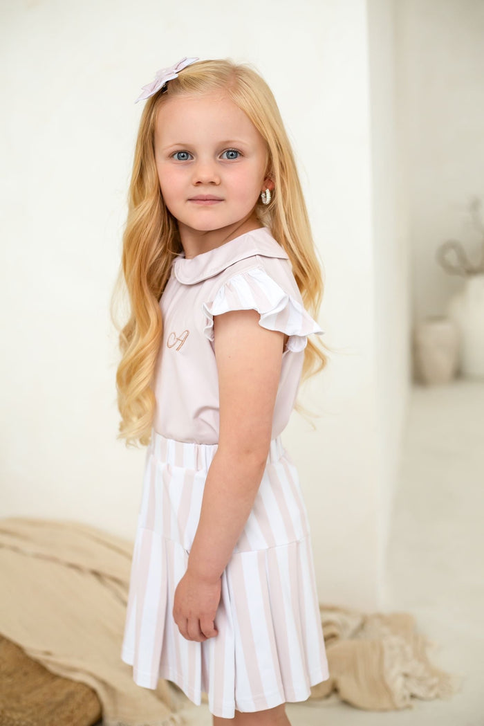 Girls Beige Stripe Skort Set