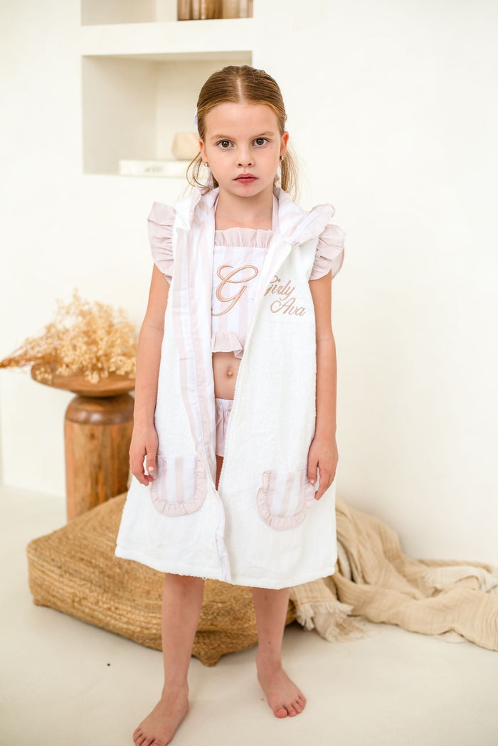 Girls Beige Stripe Towelling Coverup