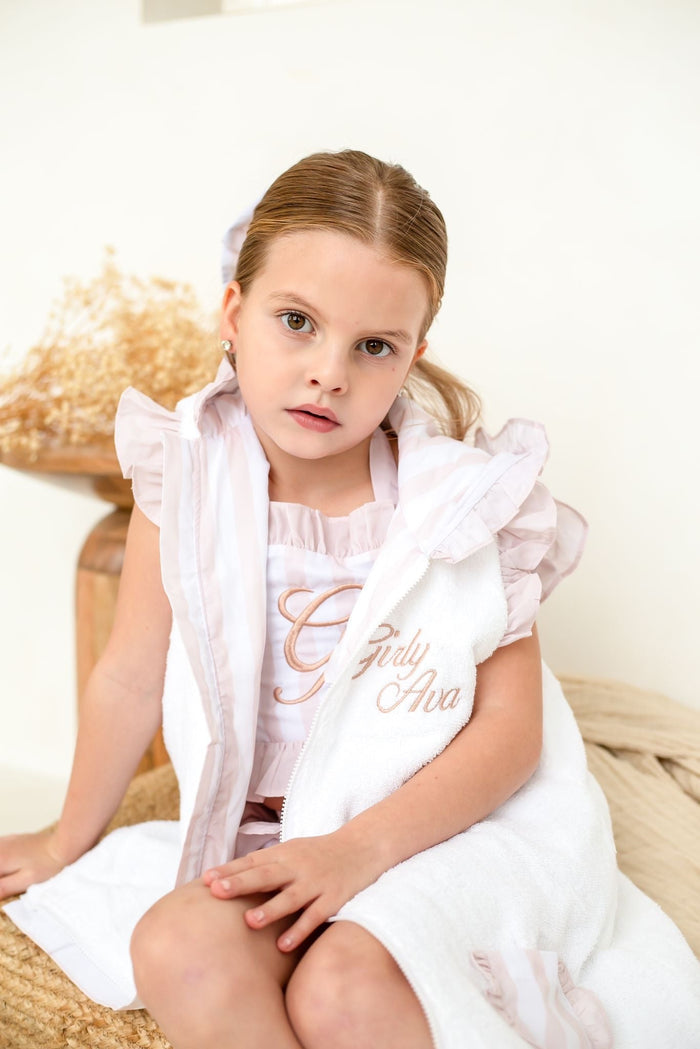 Girls Beige Stripe Towelling Coverup