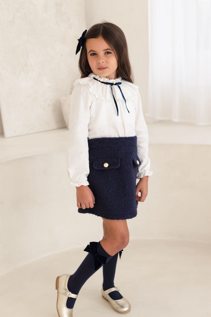 Girls Blouse and Navy Boucle Skirt Set