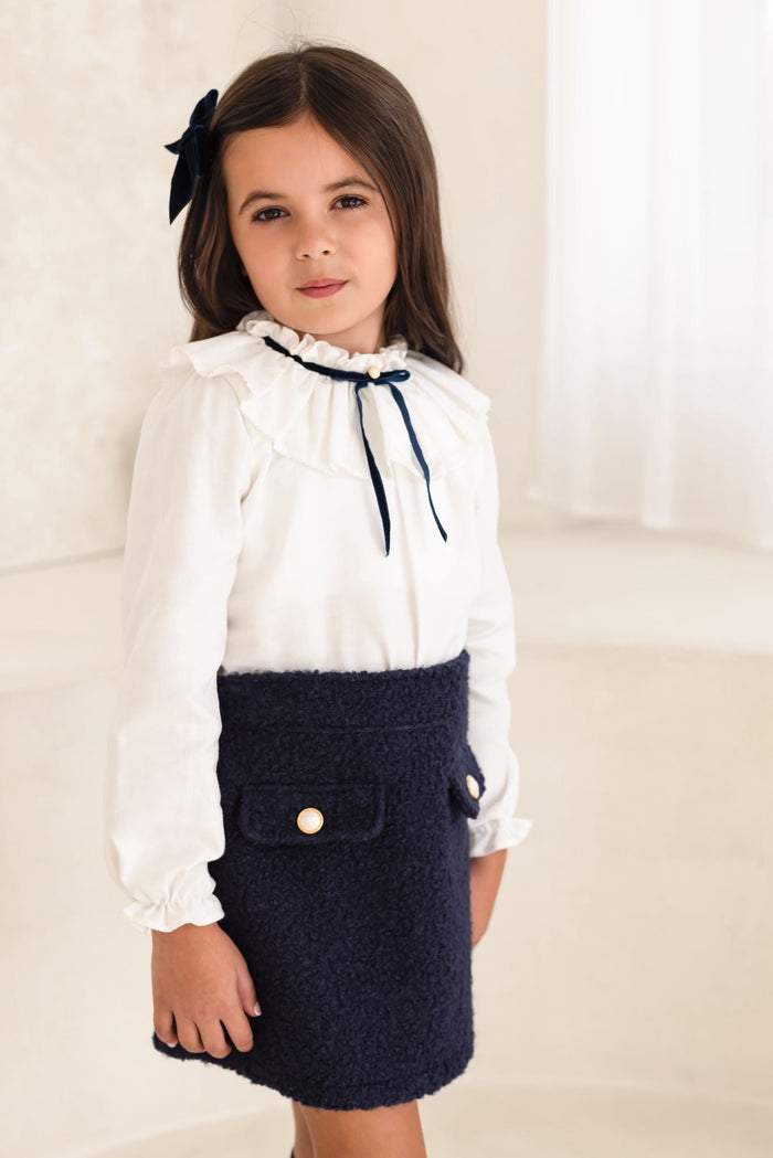 Girls Blouse and Navy Boucle Skirt Set
