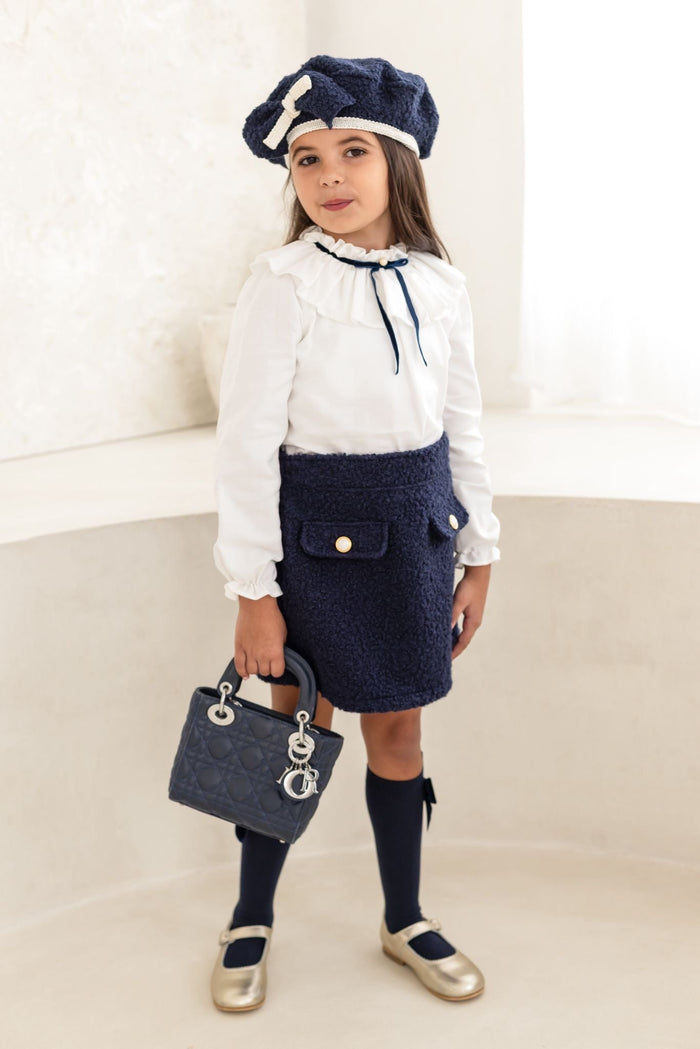 Girls Blouse and Navy Boucle Skirt Set