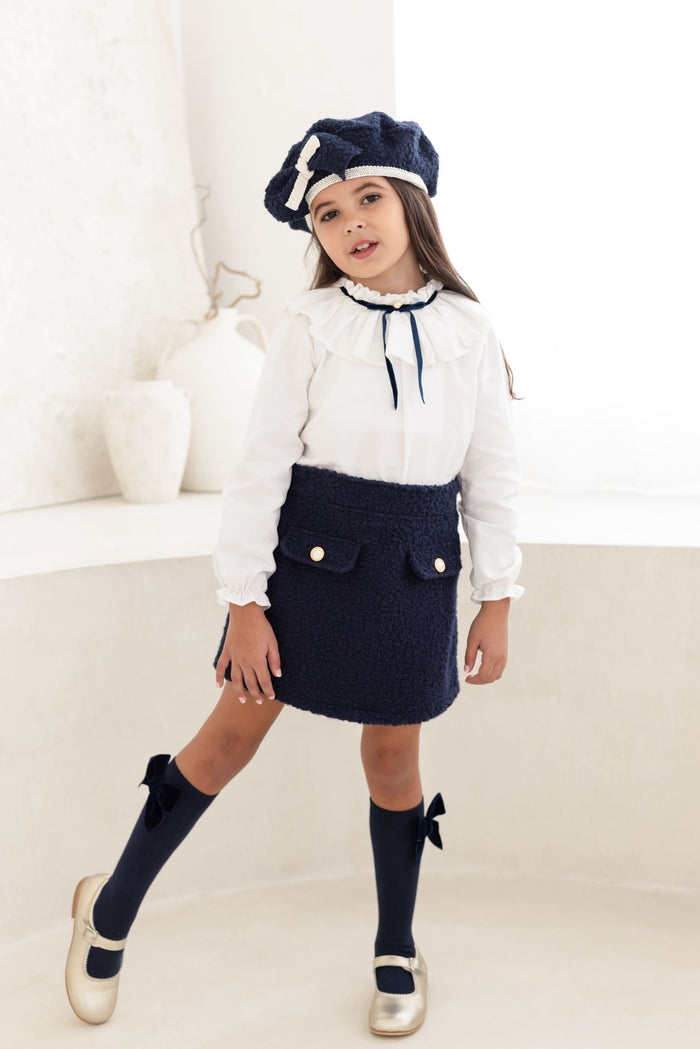 Girls Blouse and Navy Boucle Skirt Set