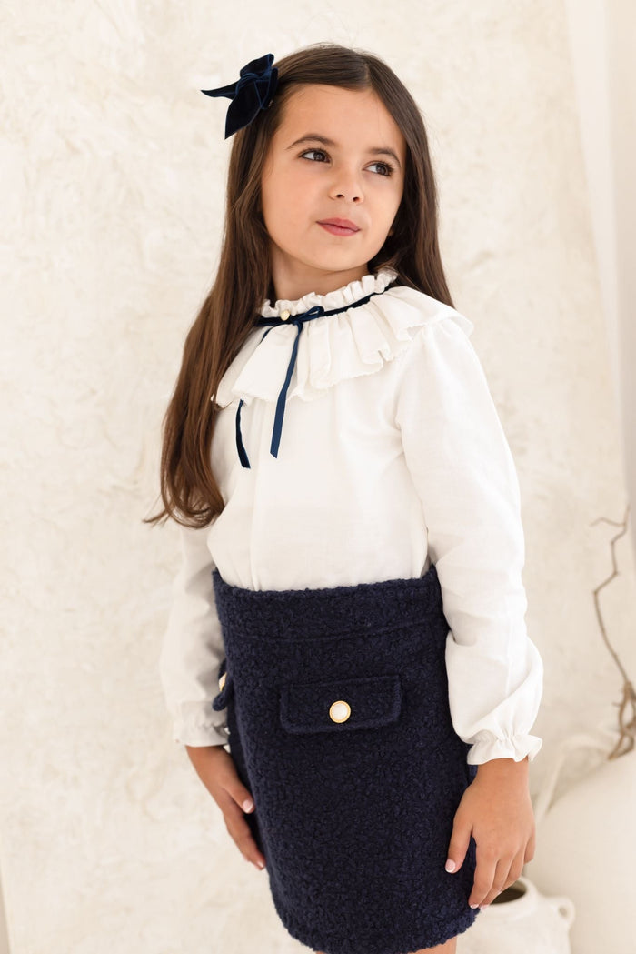 Girls Blouse and Navy Boucle Skirt Set