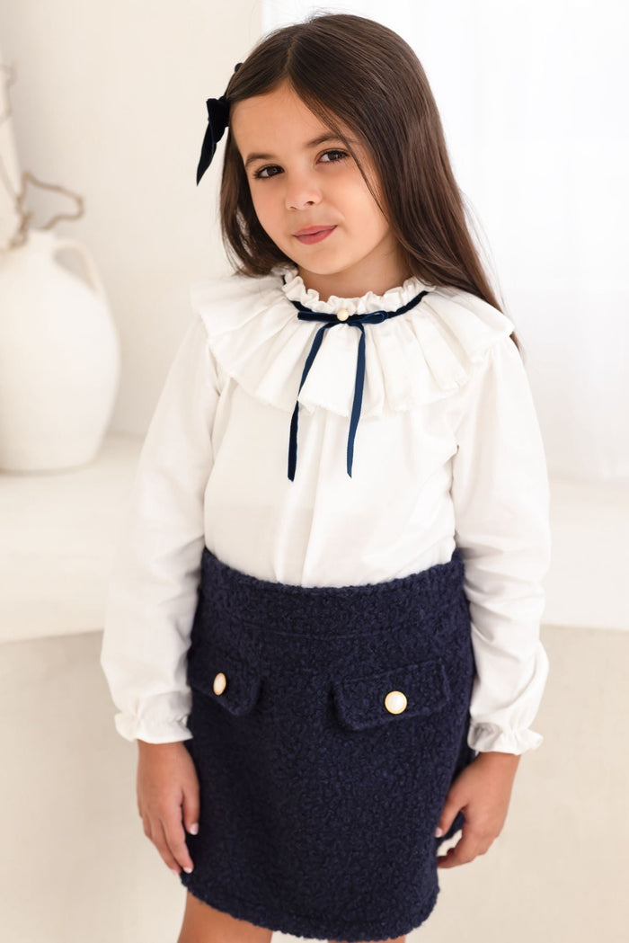 Girls Blouse and Navy Boucle Skirt Set