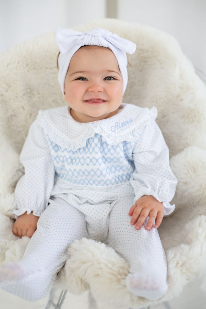 Girls Blue Personalised Swiss Dot Smocked baby grow
